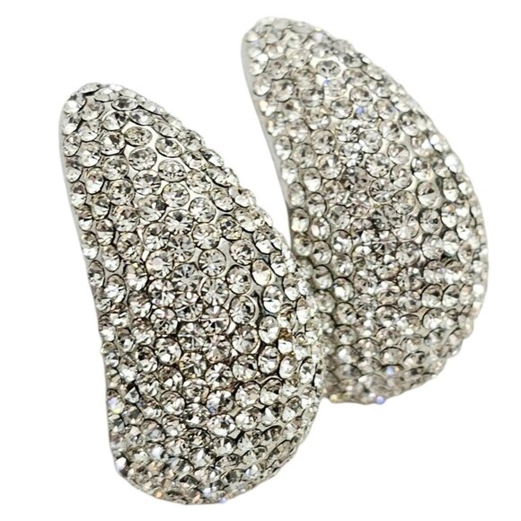 Jarin Silver Tone Clear Rhinestone Pave Clip On Earrings Teardrop Style, Signed - Picture 3 of 11